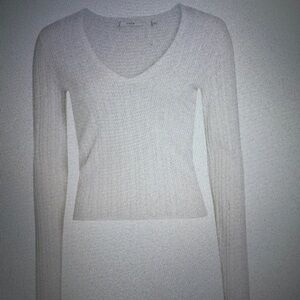 VINCE Cream Ribbed V-Neck Top long sleeve large crop